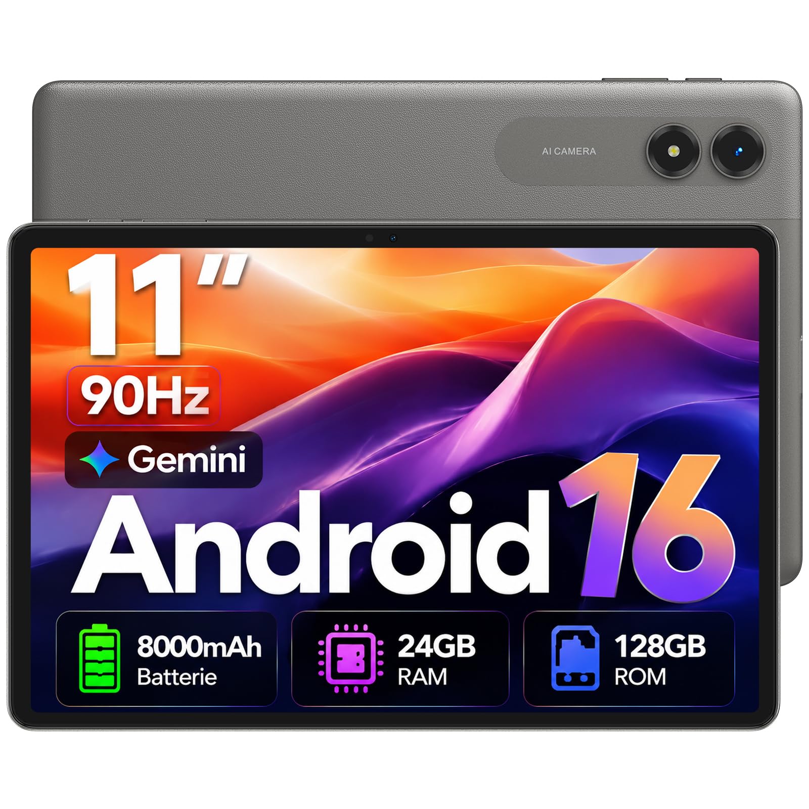 Tablette 11 Pouces Android 16 Tablette Écran 90 Hz, Gemini AI 3.0, 24Go(6 + 18Étendus) RAM 128Go ROM(2TB TF), Protection oculaire, 8000mAh, WiFi, Widevine L1, Face ID, GMS, Garantie 4 Ans