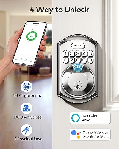 Miniatura 4 de TEEHO TE012W - Cerradura inteligente WiFi, cerradura de puerta de huellas dactilares con Wi-Fi integrado, teclado de entrada sin llave, cerrojo