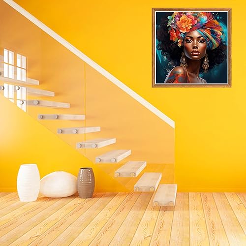 Miniatura 3 de Bimkole Kits de pintura de diamantes 5D, turbante de flores, mujer, taladro completo, mujer africana, juego de bordado de diamantes de imitación,