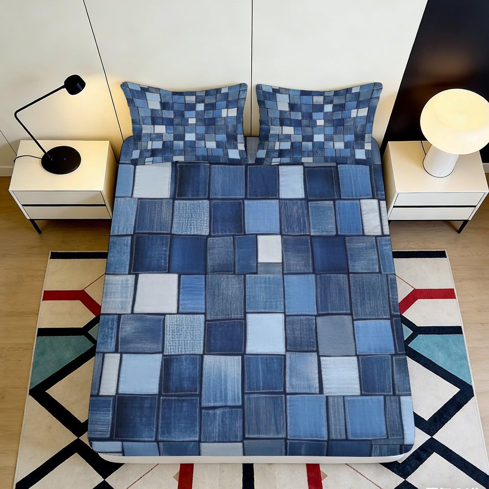 3D Printed Denim Patchwork Fitted Sheet Microfiber Anti-Slip Bed Cover for Bedroom Guest Room Blue Decor 200x200x25cm