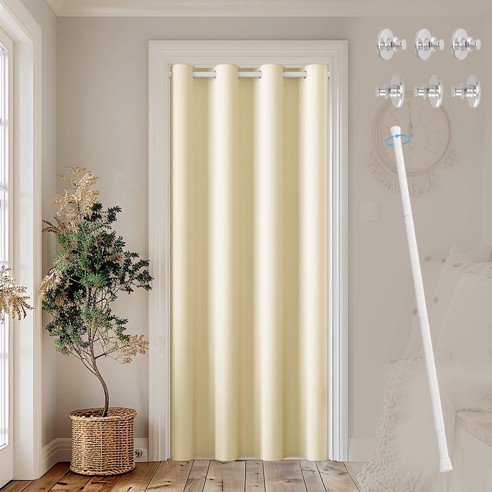 JCyh Cortinas para Puertas Exteriores con Barra Extensible y Botón Magnético, Cortina Opacas Termica Aislante Frio y Calor con Ojales，Cortina Separador de Ambientes para Salón y Dormitorio