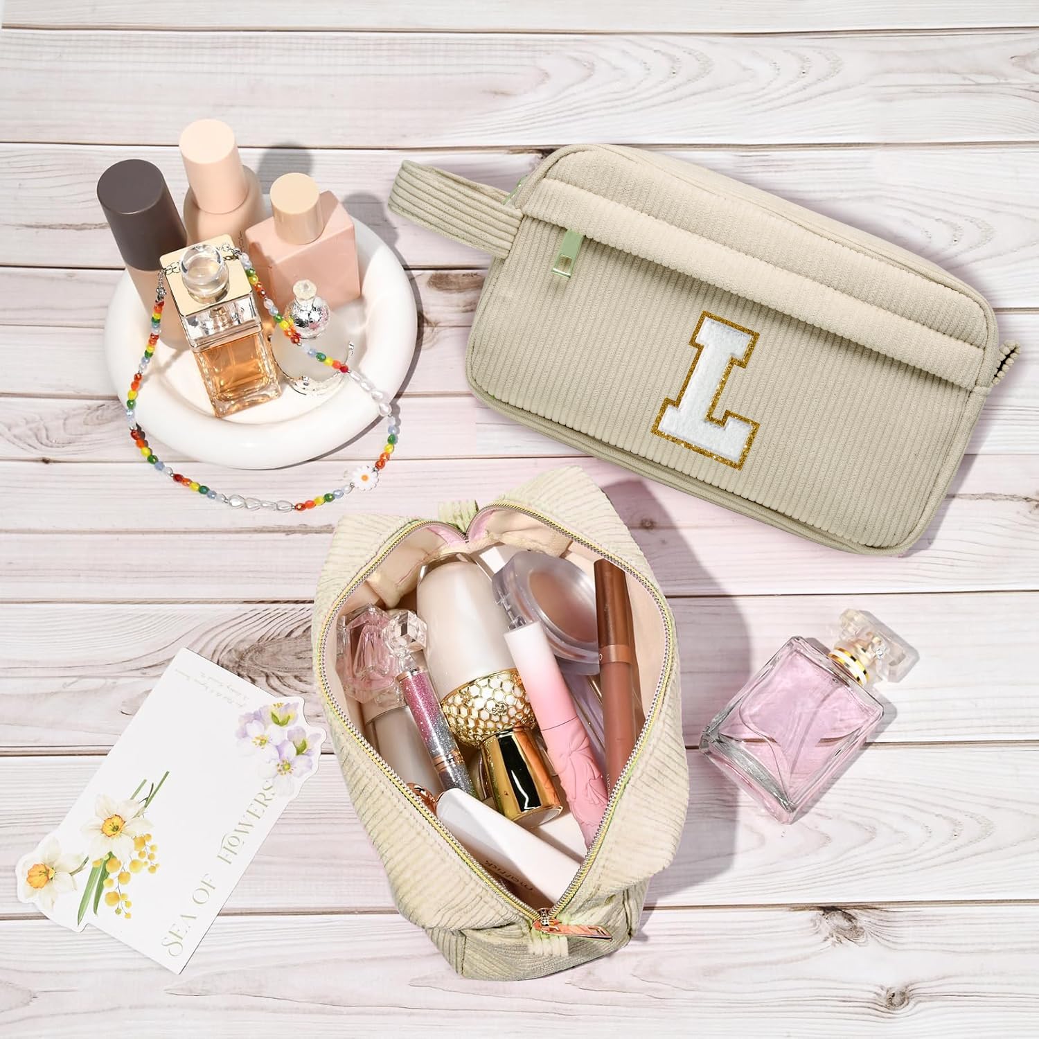 Neceser Maquillaje Mujer Personalizado Inicial, Bolsa de Cosméticos de Viaje, Gran Capacidad Neceser de Maquillaje de Pana, Regalo Cumpleaños Navidad para Mujeres Novias Mejores Amigas, Beige S — view 7