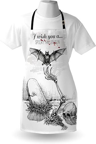 Miniatura 3 de Ambesonne Delantal de Halloween esqueleto de calavera muerto fuera de la tumba y murciélago volador dibujado a mano diseño espeluznante unisex con