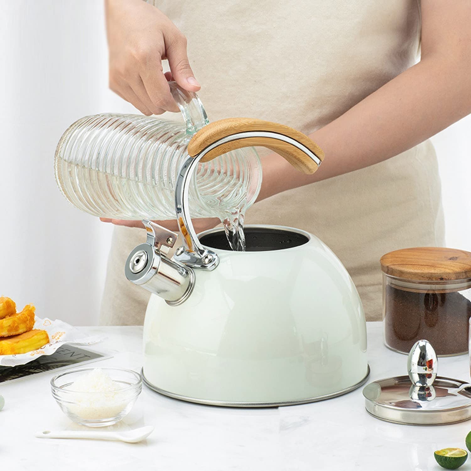 Czajnik z gwizdkiem, garnek piknikowy, czajnik kuchenny, czajnik kuchenny 3L ze stali nierdzewnej do kuchenki indukcyjnej gazowej Czajnik na gorącą wodę Czajnik Zatrzaskowa wylewka i drewniany uchwyt