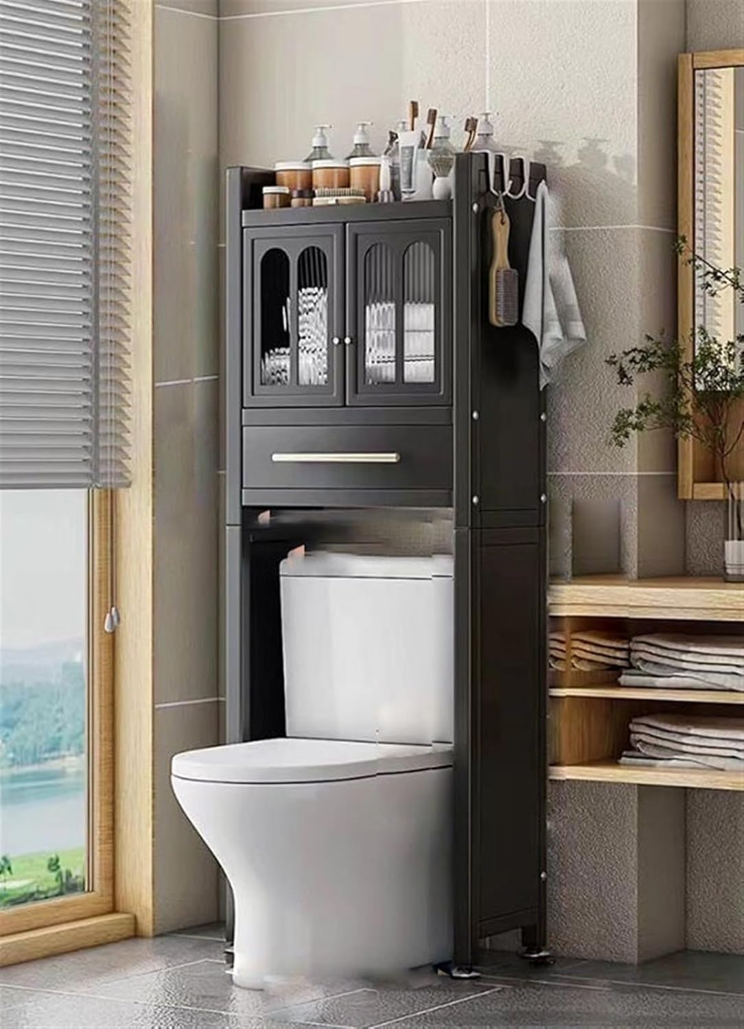 Over The Toilet Storage Rack, Space-Saving Cabinet for Bathroom & Laundry, Multi-Use Organizer with Doors, Black, 50cm - Maximize Space & Declutter