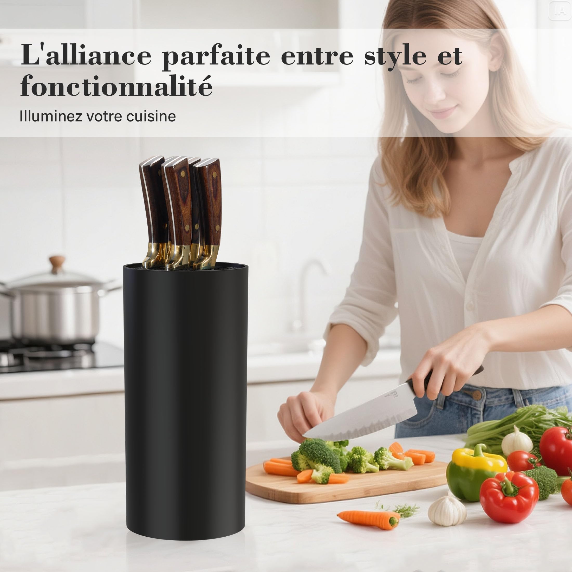 Porte Couteau, Bloc Couteaux Cuisine Vides, Universel Range Couteaux de Cuisine avec Lattes Flexibles, sans Couteaux, Noir