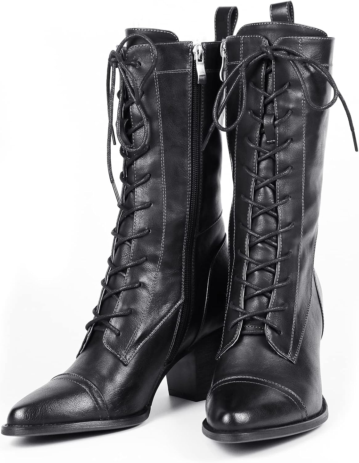 UTIKLIOU Women's Mid Calf Boots Lace up Combat Boots Leather Side Zipper Winter Boots Faux Fur Lining - Image 5