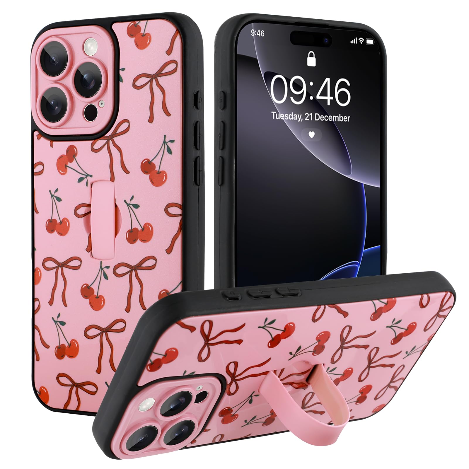 Ufbara Compatible with iPhone 16 Pro Max Case for Women Girls, Cute Cherry Bow Ribbon Bowknot Pattern, Built in Adjustable Wrist Strap Grip Hand