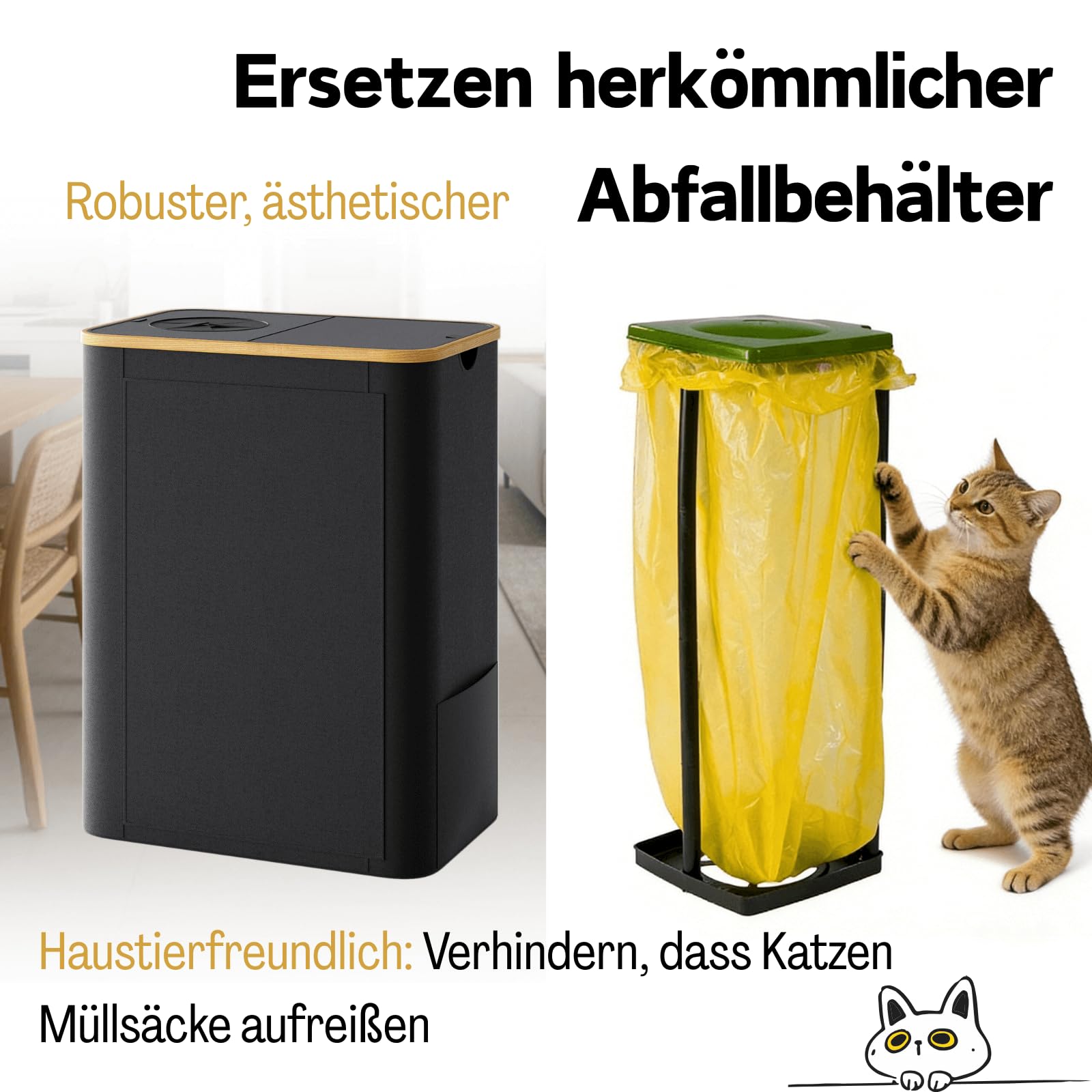 RMAN® 160L Gelber Sack Ständer Mülleimer 2 Fächer Wasserdicht Faltbar 2-in-1 Groß Müllsackständer mit 10 Gelber Müllsäcke Schwarz