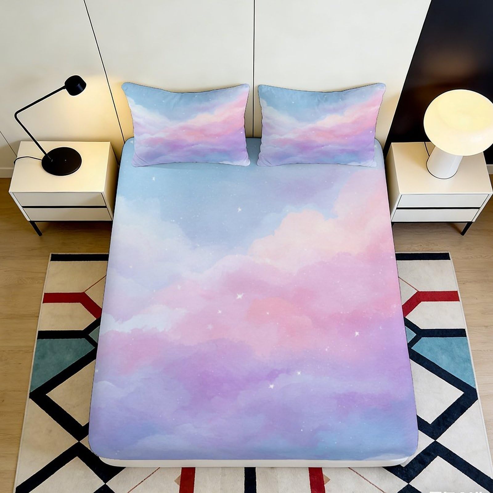 3D Printed Pastel Cloud Fitted Sheet Microfiber Soft Breathable Sunset Sky Mattress Cover for Bedroom Dorm Mattress Protection Decor 140x200x25cm