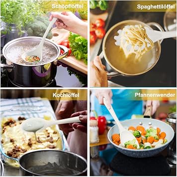 Homikit Küchenhelfer Set 12 Stück Silikon Küchenutensilien Hitzebeständiger Kochutensilien Kochbesteck mit Utensilienhalter Gesund & Antihaft - Weiß