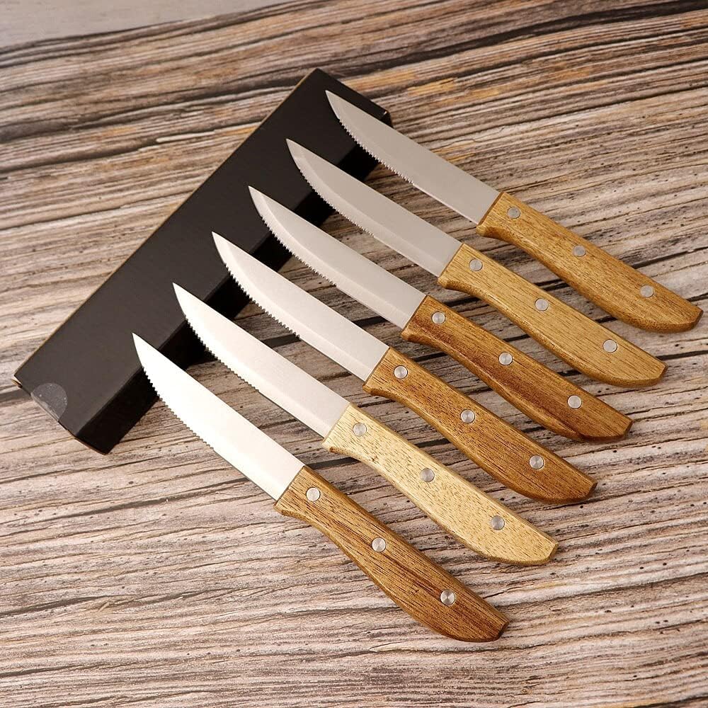 Steak Knife Set, 6pcs Stainless Steel Steak Knife Set Steak Knives With Wood Handle Table Knives Set Restaurant Cutlery Dinnerware BY KKZY