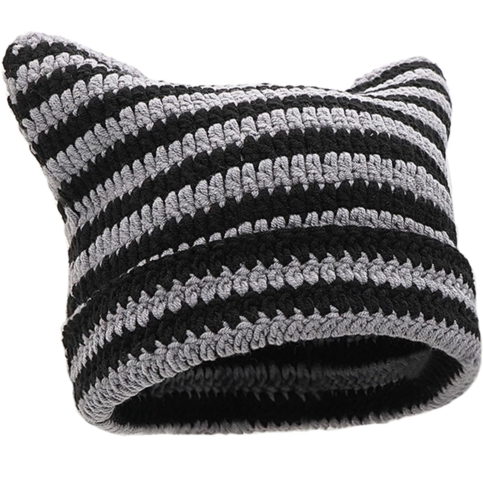 XYIYI Black Grey Crochet Hats for Women Cat Ear Knit Hat Vintage Beanie Grunge Accessories Slouchy Beanies for Womens