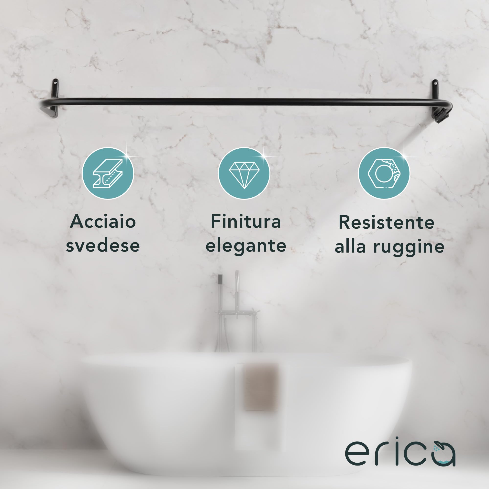 Erica Tubo Tenda Doccia a U, 70x165x70cm, Bastone per Tenda Doccia Angolare senza Supporto Soffitto, Rivestimento in Plastica senza PVC (Black)