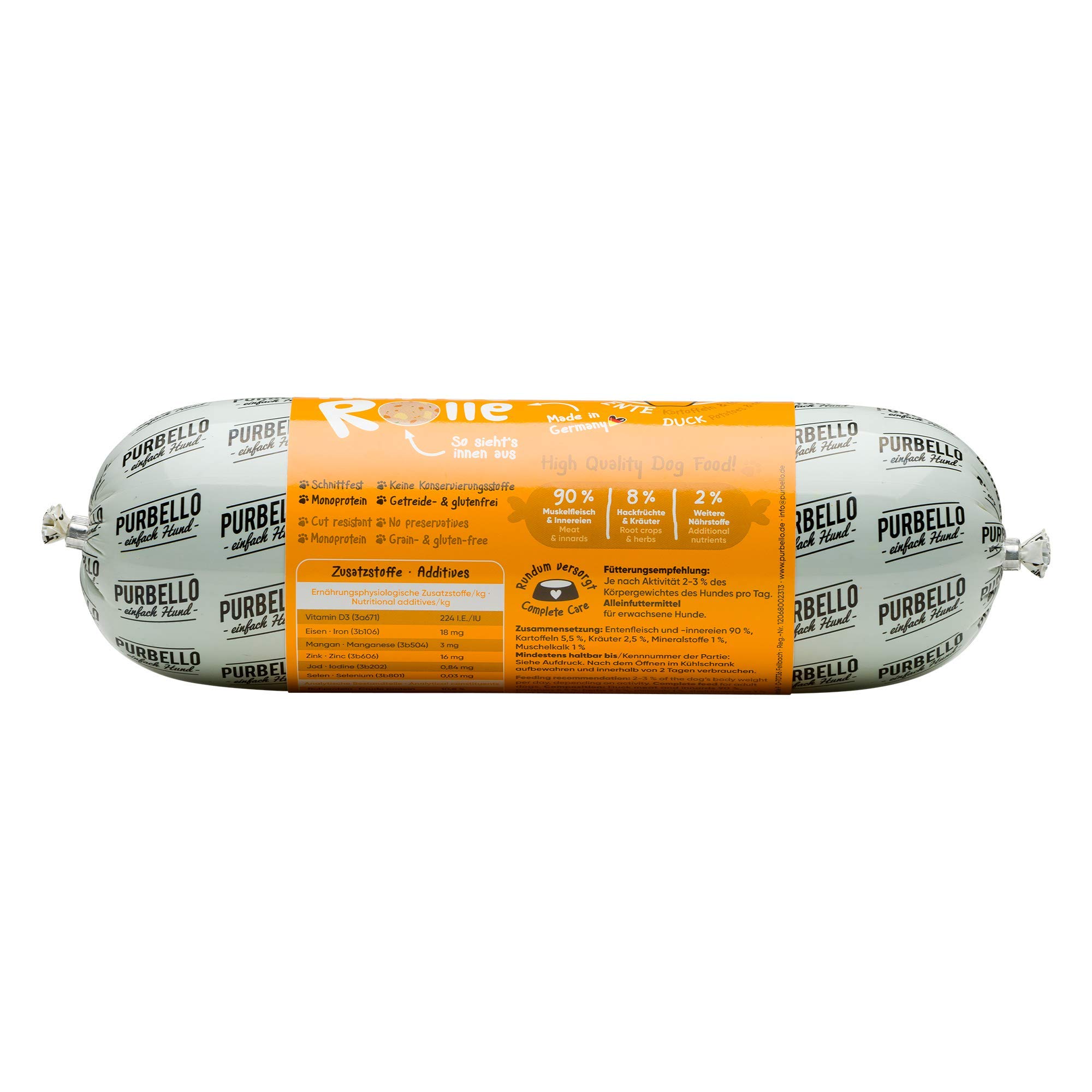 PURBELLO Hunde-Rolle Ente mit Kartoffel & Kräutern - Monoprotein Hundefutter mit hohem Fleischanteil - Nassfutter für Hunde - Hundewurst schnittfest & getreidefrei - 8 x 800 g