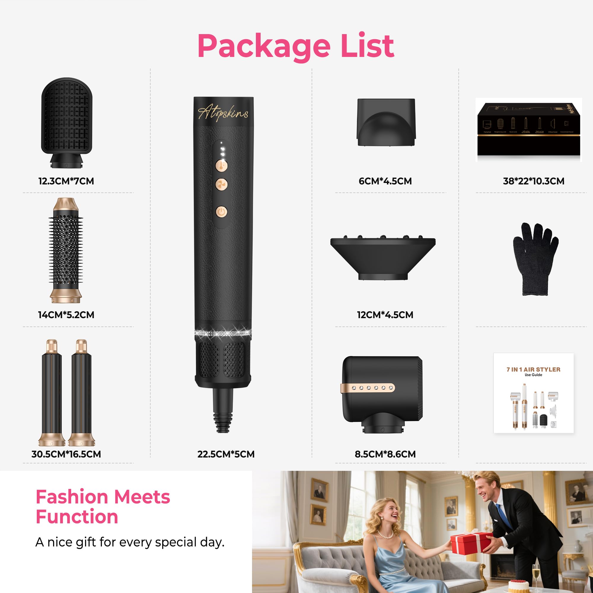 Sèche Cheveux Atopskins 7 en 1 Air Styler Pro,110000 TR/MIM Seche Cheveux Diffuseur Boucle, Air Fer à Boucler à Air de 30 mm,Brosse Souflante, Boucler les Cheveux, 3 Températures1400W Hair Styler