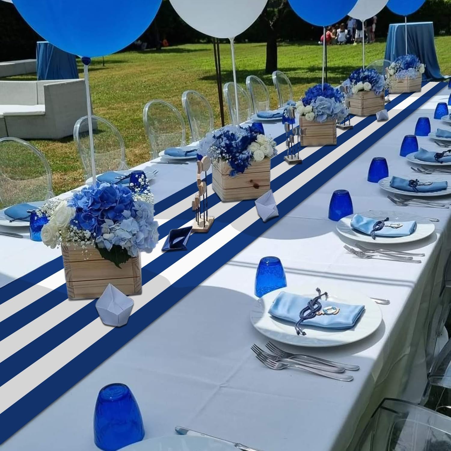 6-Pack Blue and White Striped Table Runners, 14x108 Inch Stripes Tablerunner, Plastic Disposable Classic Striped Table Decor for Boy's Birthday, Ocean Theme Party, Weddings