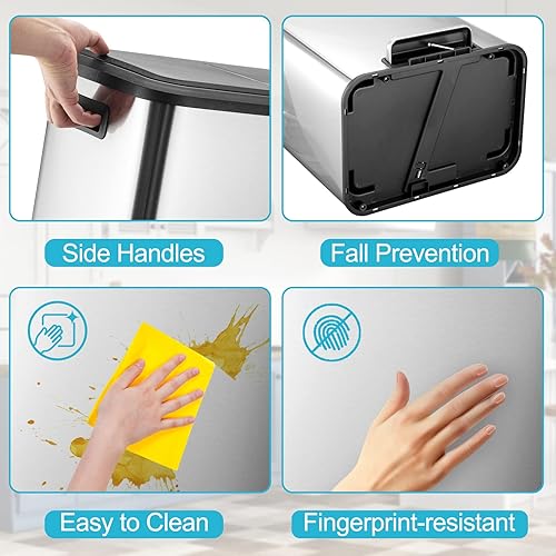 Miniatura 4 de GAOMON Cubo de basura doble de 8 galones, cubo de basura doble de acero inoxidable y reciclaje con 2 cubos extraíbles y tapa, cubo de basura de