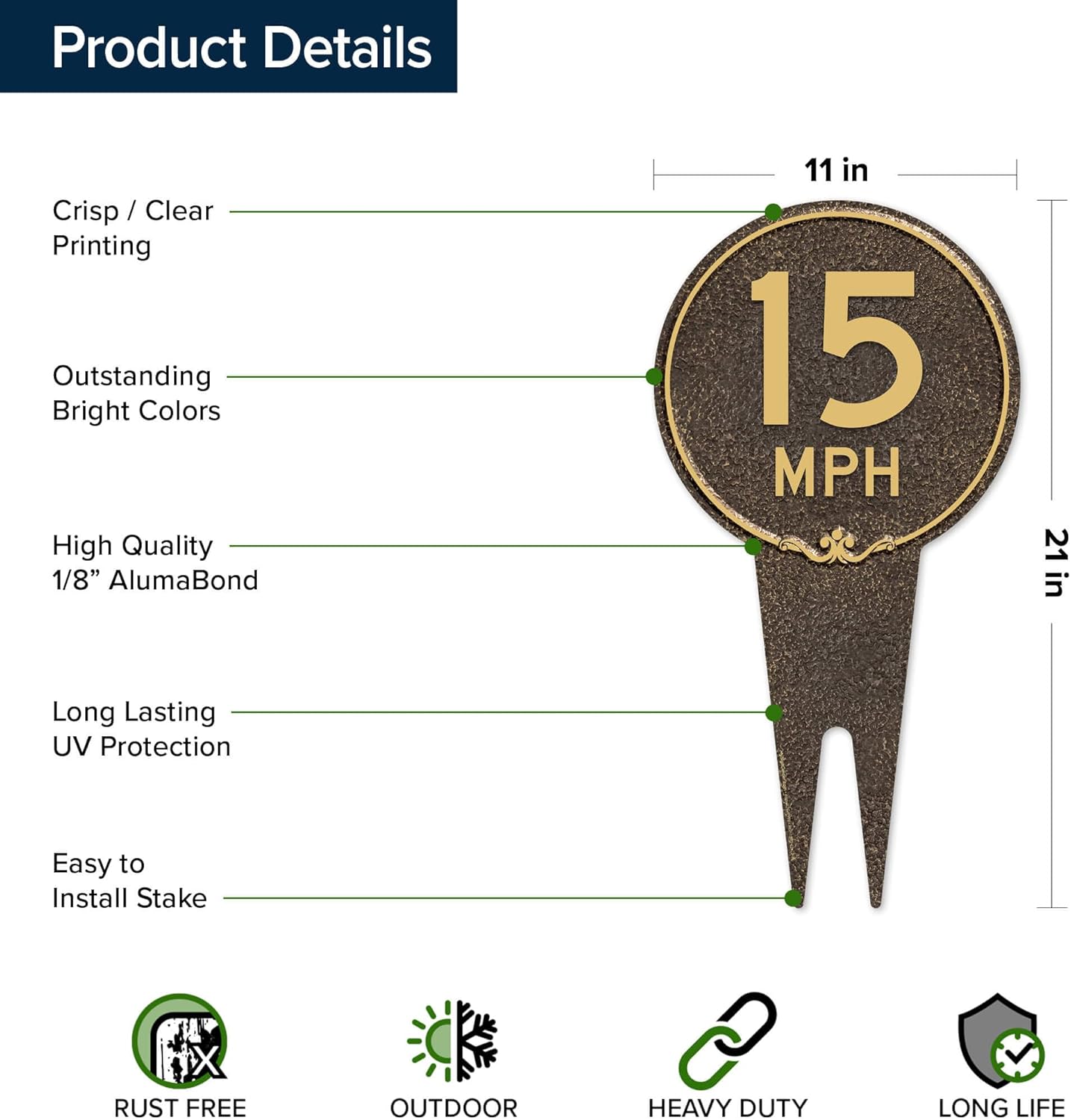 Speed Limit 15 MPH Round Sign, 11"x21", Heavy Duty Integrated Ground Stakes, Indoor/Outdoor Use, Rust Free Aluminum Composite, Made in USA by My Sign center