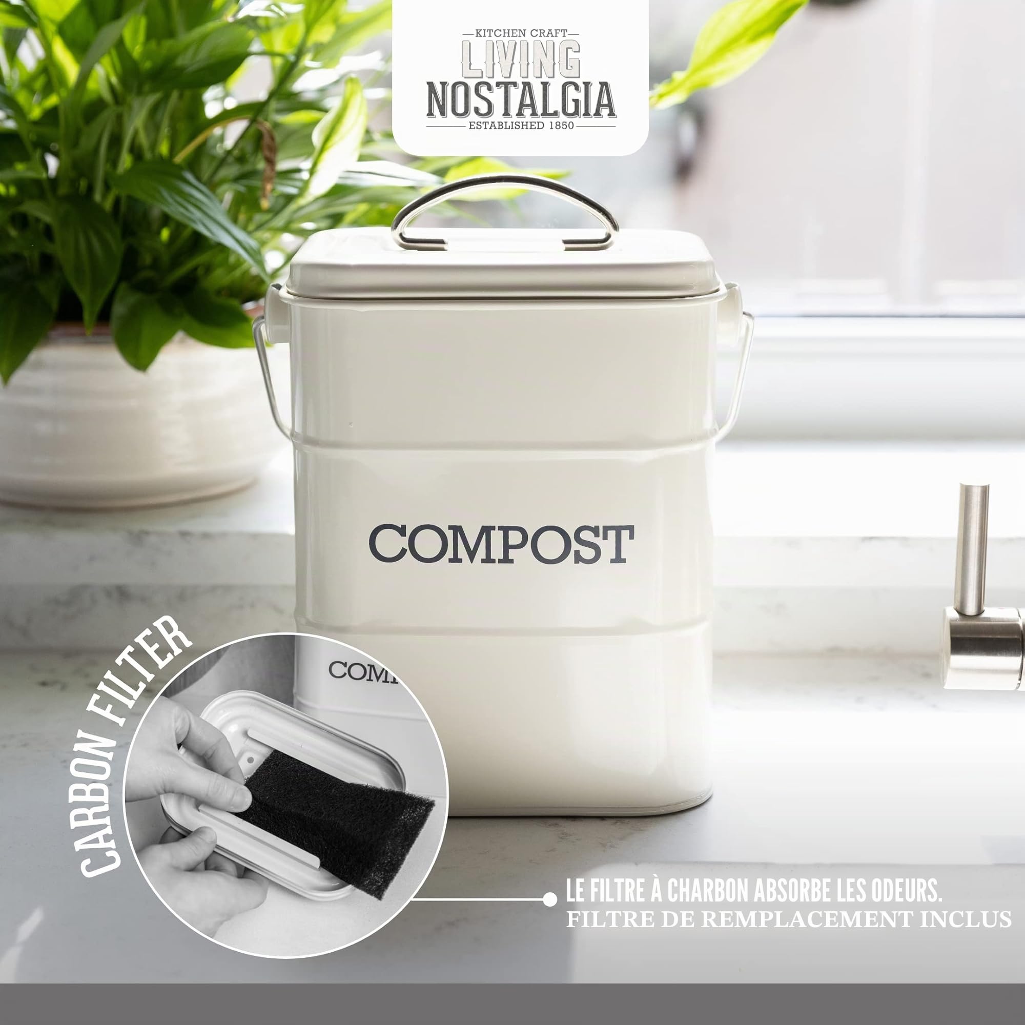 KitchenCraft Living Nostalgia Composteur De Cuisine Métal 16,5x12x24 cm Crème Antique