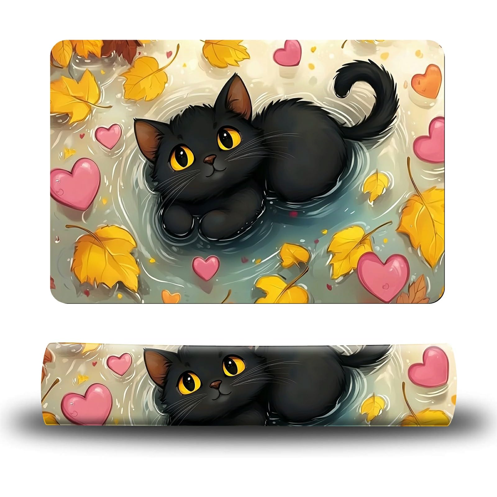 Dikoer Dog Food Mat, 15.7" x 23.6" Absorbent Pet Feeding Mat for Food and Water, Waterproof Diatom Mud Pet Placemat with Non-Slip Rubber Backing, Cat Bowl Mat for Floors - Maple Leaf Black Cat