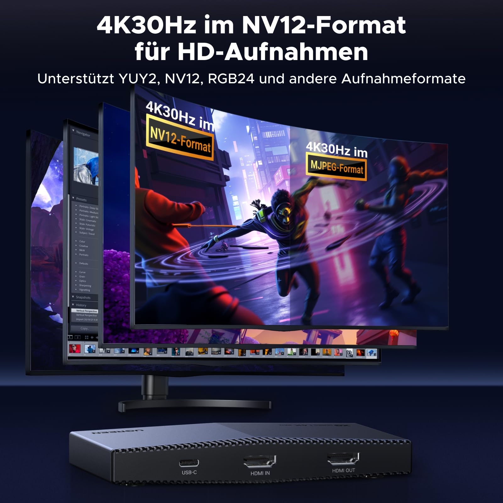 UGREEN 4K Capture Card, HDMI Capture Card 4K60Hz HDR Loop-Out und 4K30Hz Capture mit ultraniedriger Latenz, kompatibel mit PS5/Pro, PS4/Pro, Xbox Series X/S, Xbox One X/S, Switch, Switch 2