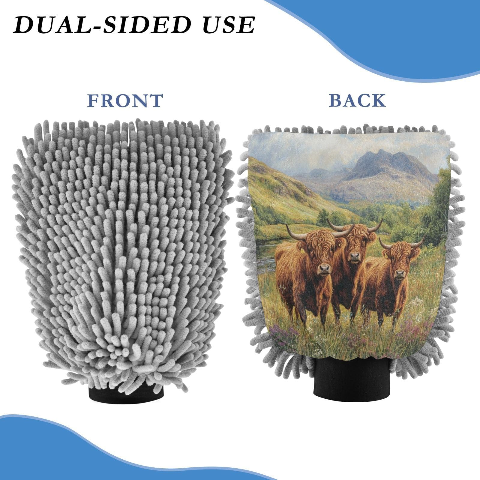 Flradish 2 Pack Highland Cow Car Wash Mitt Chenille Microfiber Lint-Free Scratch Free Ultra-Soft Absorbent Car Wash Mitt 10.2x7.09 Inch