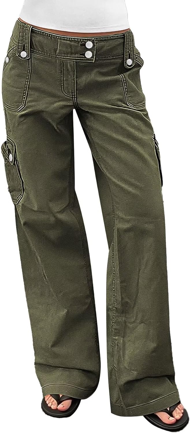 Flamingals Wide Leg Cargo Pants for Women Mid Rise Casual Baggy Straight Leg Pants with Pockets