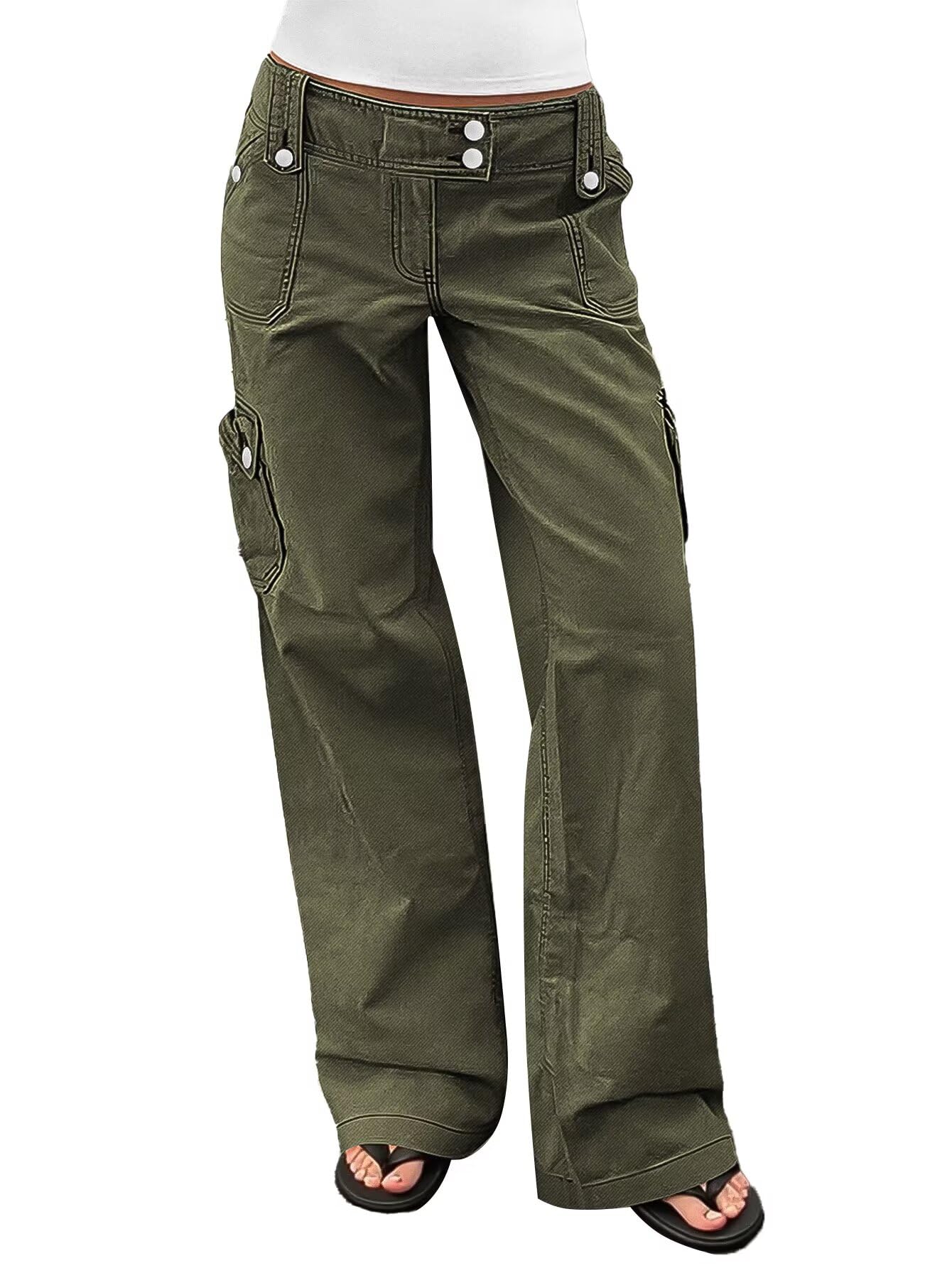 Flamingals Wide Leg Cargo Pants for Women Mid Rise Casual Baggy Straight Leg Pants with Pockets