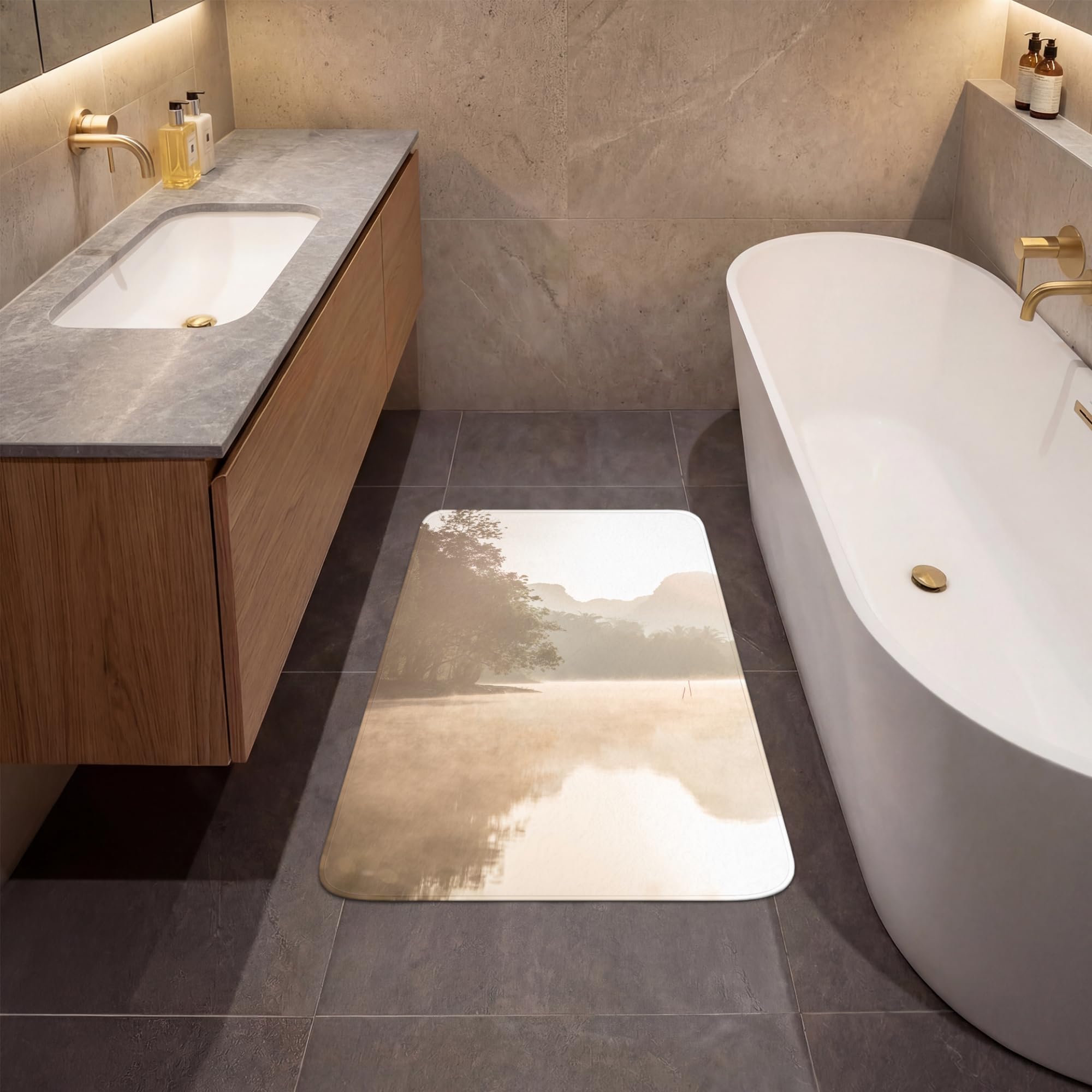 Bath Mat Rectangular 60x90 cm Alfombra Baño Alfombrilla Alfombras Ducha Lavable Antideslizante Tapete Banheiro Decoración Paisaje - Bosque - Agua - Niebla - Beige