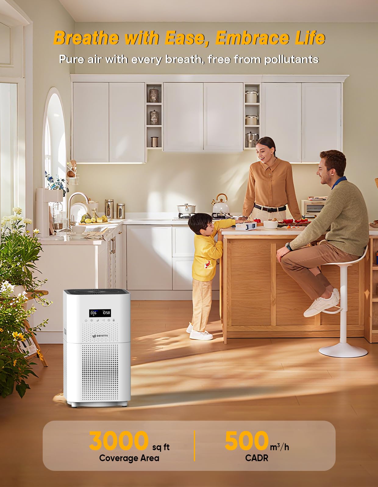 DAYETTE Purificadores de aire para el hogar, habitación grande de hasta 3000 pies cuadrados, actualización CADR a 500 m³/h H14 Ture Hepa, purificador de aire con monitor de calidad del aire, modo de