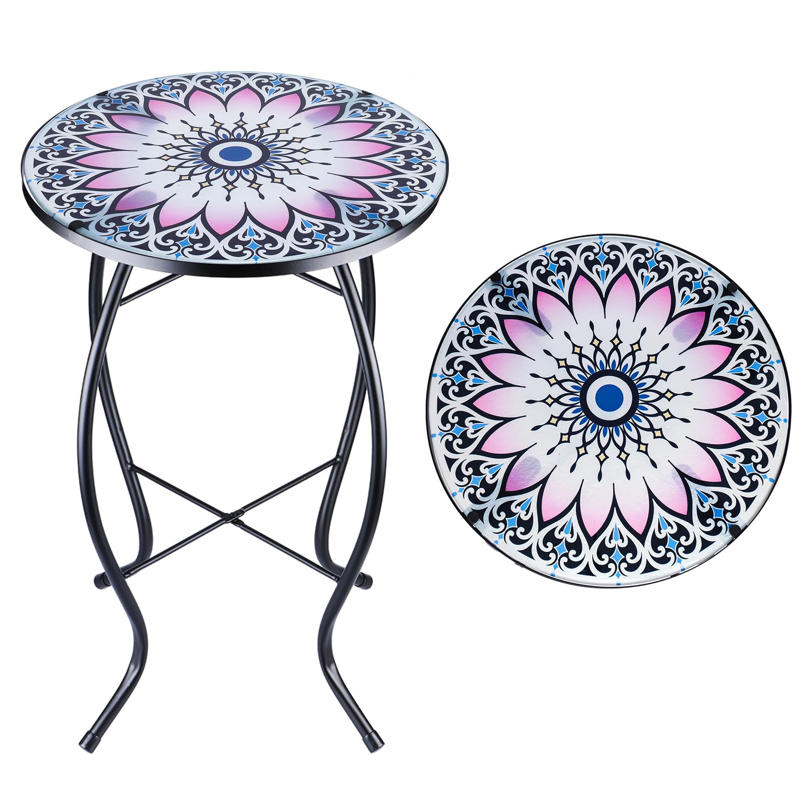 MUMTOP Side Patio Tables-Mosaic Outdoor Side Table - 14’’ Flower Glass Accent Round EndTable, Plant Stand Indoor Small CoffeeTable for Garden or