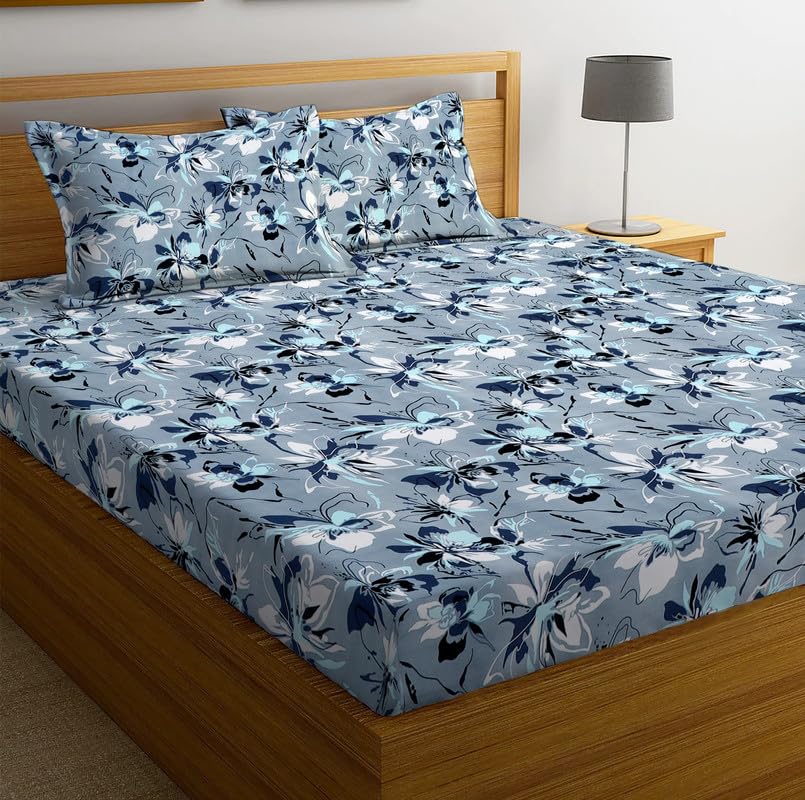 Image of la' amour Cotton Flat Double Bedsheets with 2 King Size Pillow Covers | Double Bed Breathable | Wrinklefree | Ultrasoft 180-220 tc Supersoft Floral | 90x90 Inches, Grey & Black