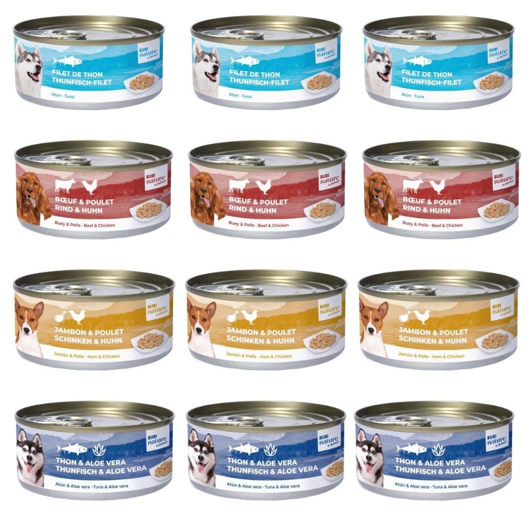 Bubi Nature Komplettes Nassfutter für Hunde, 12 x 150 g, sortiert (3 x Ochse und Huhn, 3 x Schinken und Hühnchen, 3 x Thunfisch, 3 x Thunfisch und Aloe Vera)