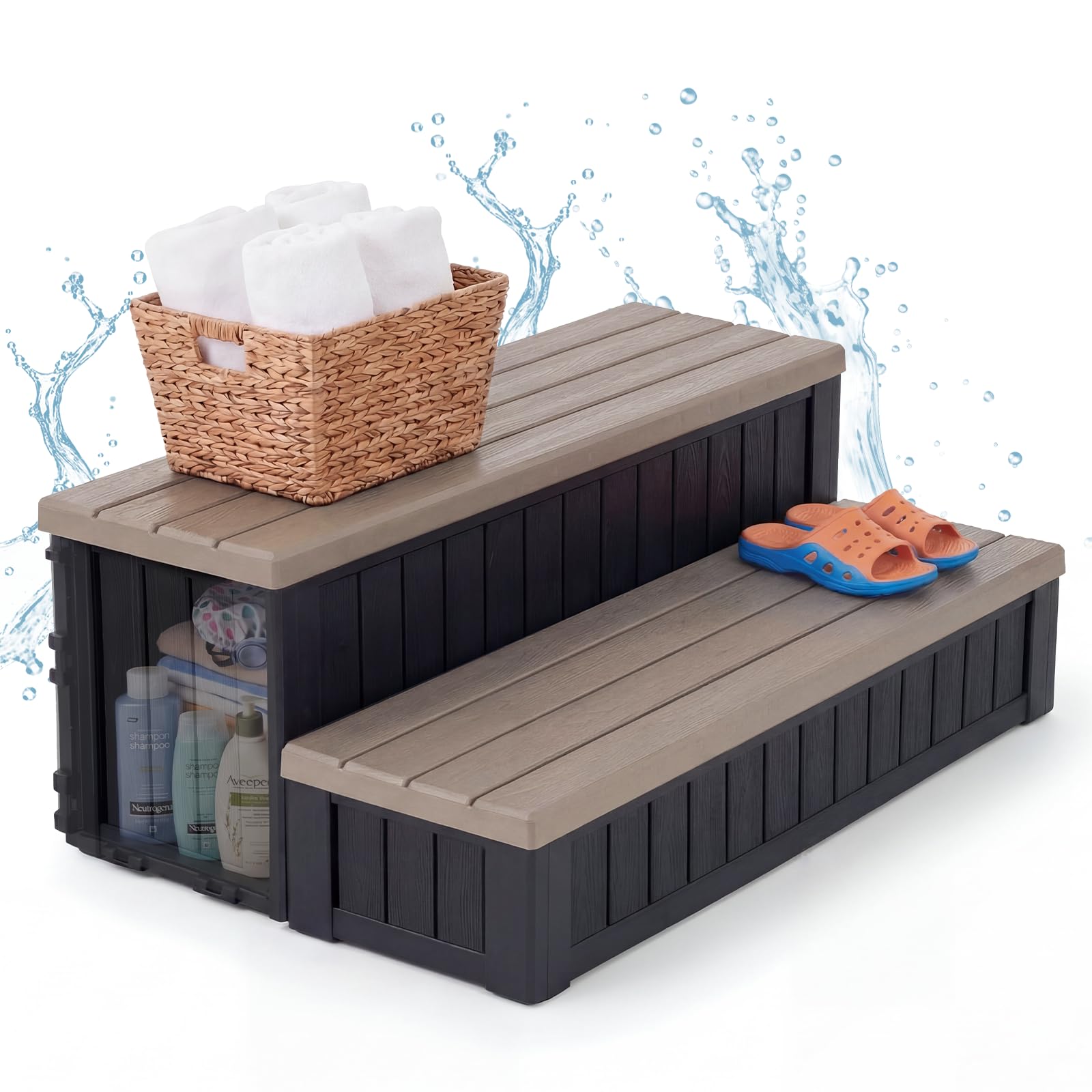 Escalones de bañera de hidromasaje con almacenamiento, escaleras impermeables para exteriores, café