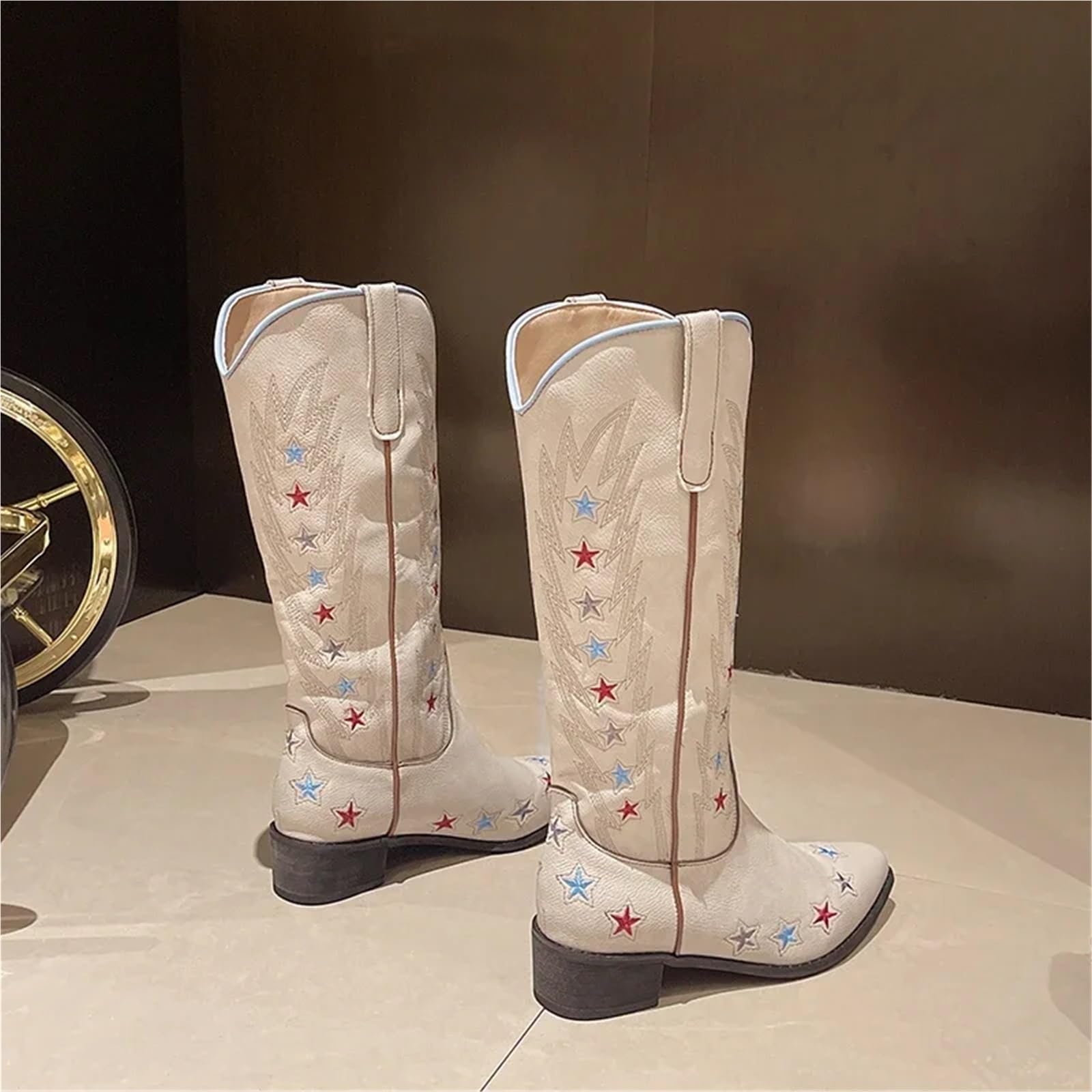 Stivali da cavaliere ricamati con stelle retrò da donna, scarpe da cowboy western a punta, stivali da cowgirl, stivali con tacco medio e alti fino al ginocchio Per Festa a Tema Concerto Country(42)
