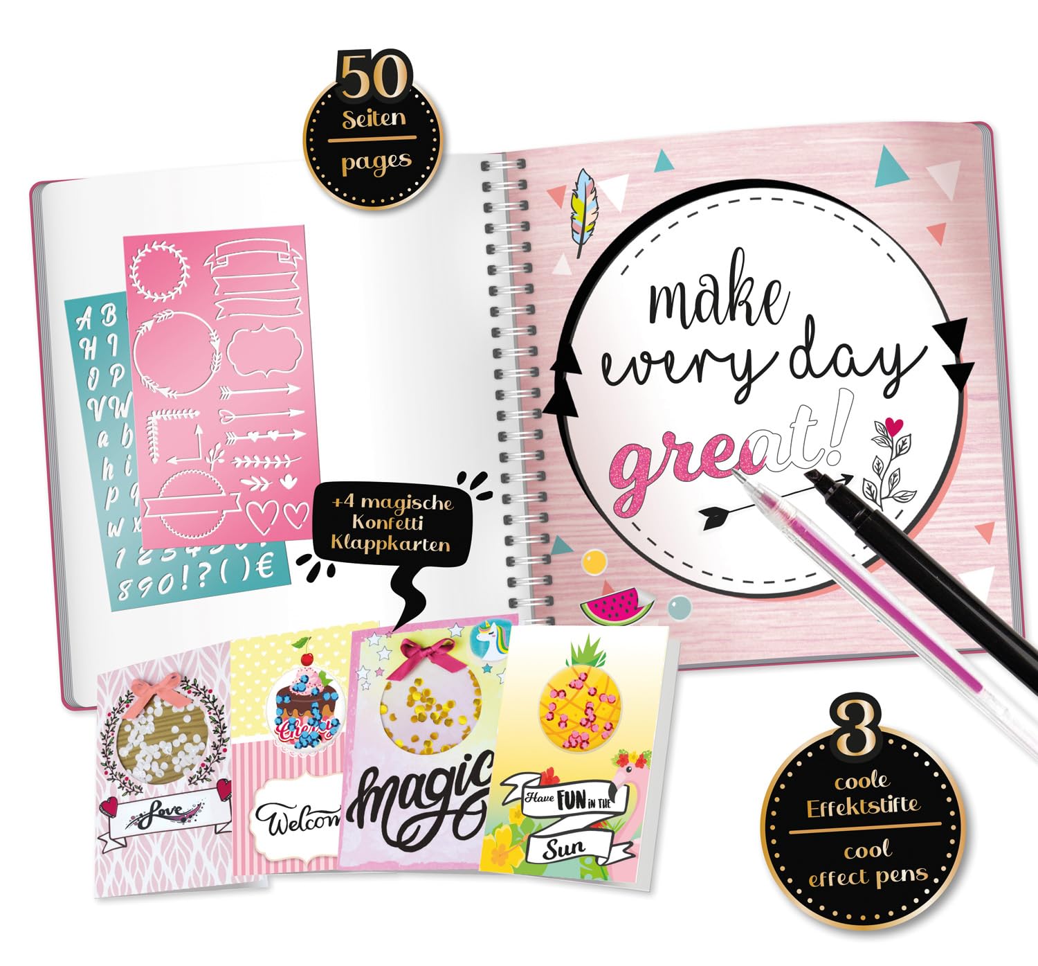 Lena 42335 Set Handlettering Grand - Carnet, Pochoirs Lettres, Crayons & Autocollants Pour Enfants Dès 8 Ans - Idéal Créativité DIY