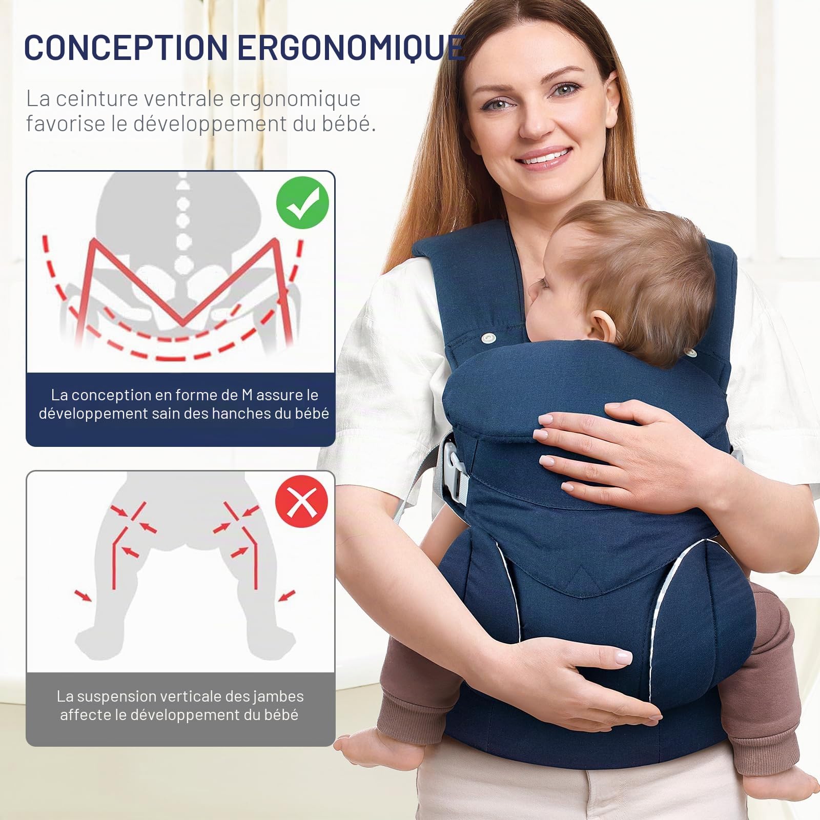 Viedouce Porte-Bébé Physiologique, Porte Bebe Naissance avec Ergonomique bébé porte-bebe pour nouveau-nés et petits enfants de 3 à 36 mois (3 à 20 kg)