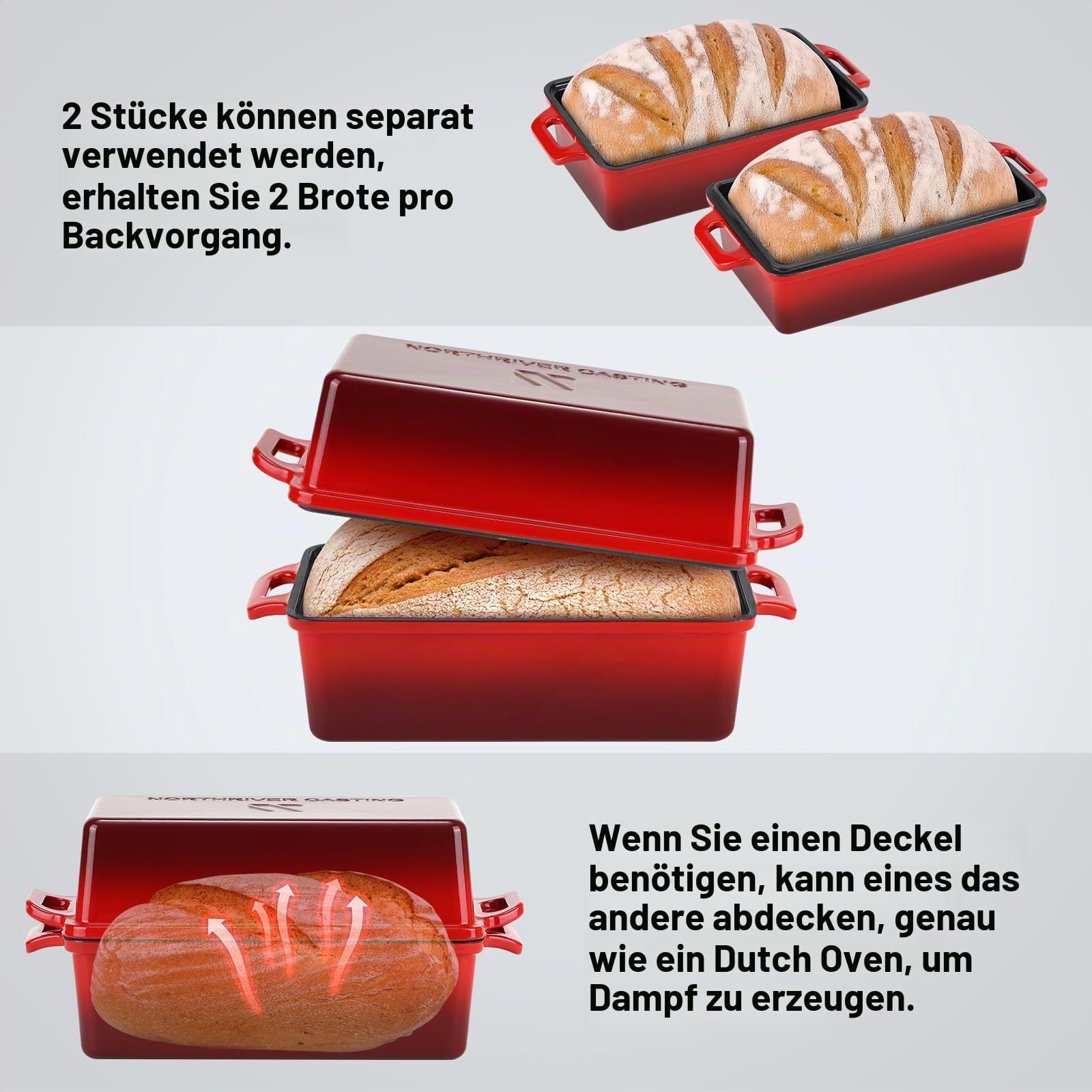 Northriver Casting Brotbackform aus emailliertem Gusseisen, 22,9 x 12,7 cm, perfekte Sauerteig-Backformen, gleichmäßige Wärmeverteilung für hausgemachtes Brot, Kuchen, Hackbraten, 2-teiliges Set, rot