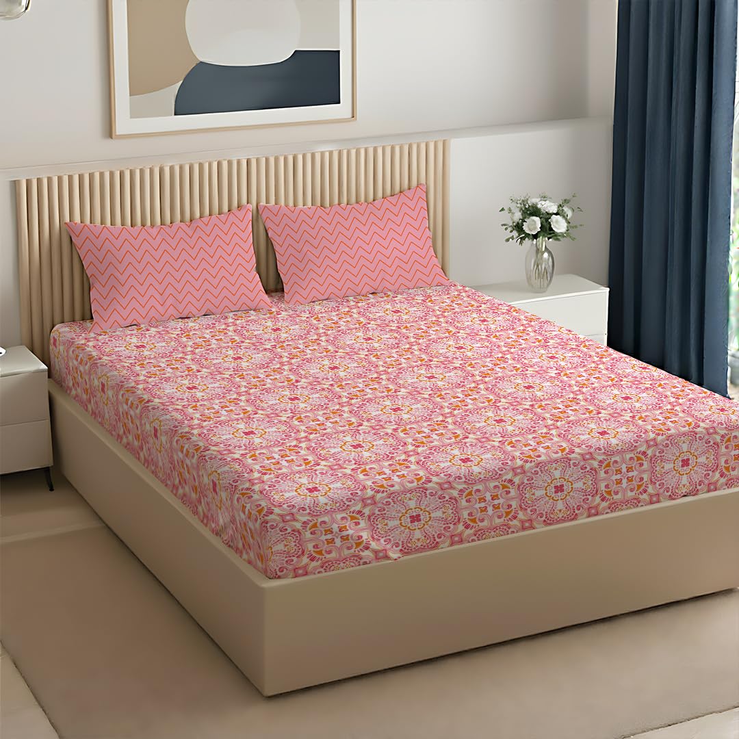Livspace Cotton Super King Size Bedsheet for Double Bed | 108" X 108" | 144 TC Flat Cotton Bedsheet with 2 Pillow Covers, Soft & Breathable, Bello Pure Nest Collection (Pink)