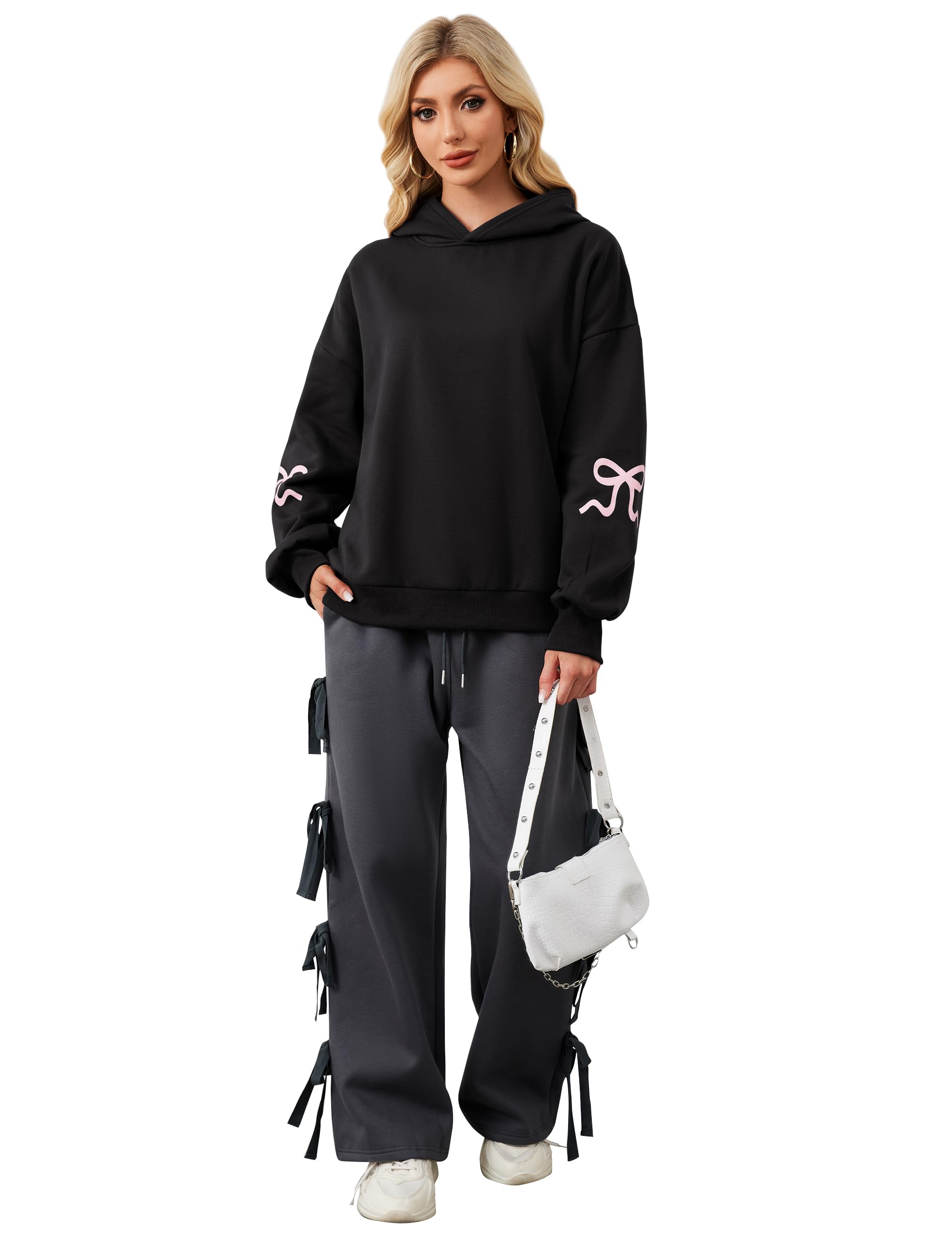 Felpe con cappuccio da donna con stampa a fiocco in pile oversize felpe con cappuccio a maniche lunghe carino grafica spalla goccia pullover top