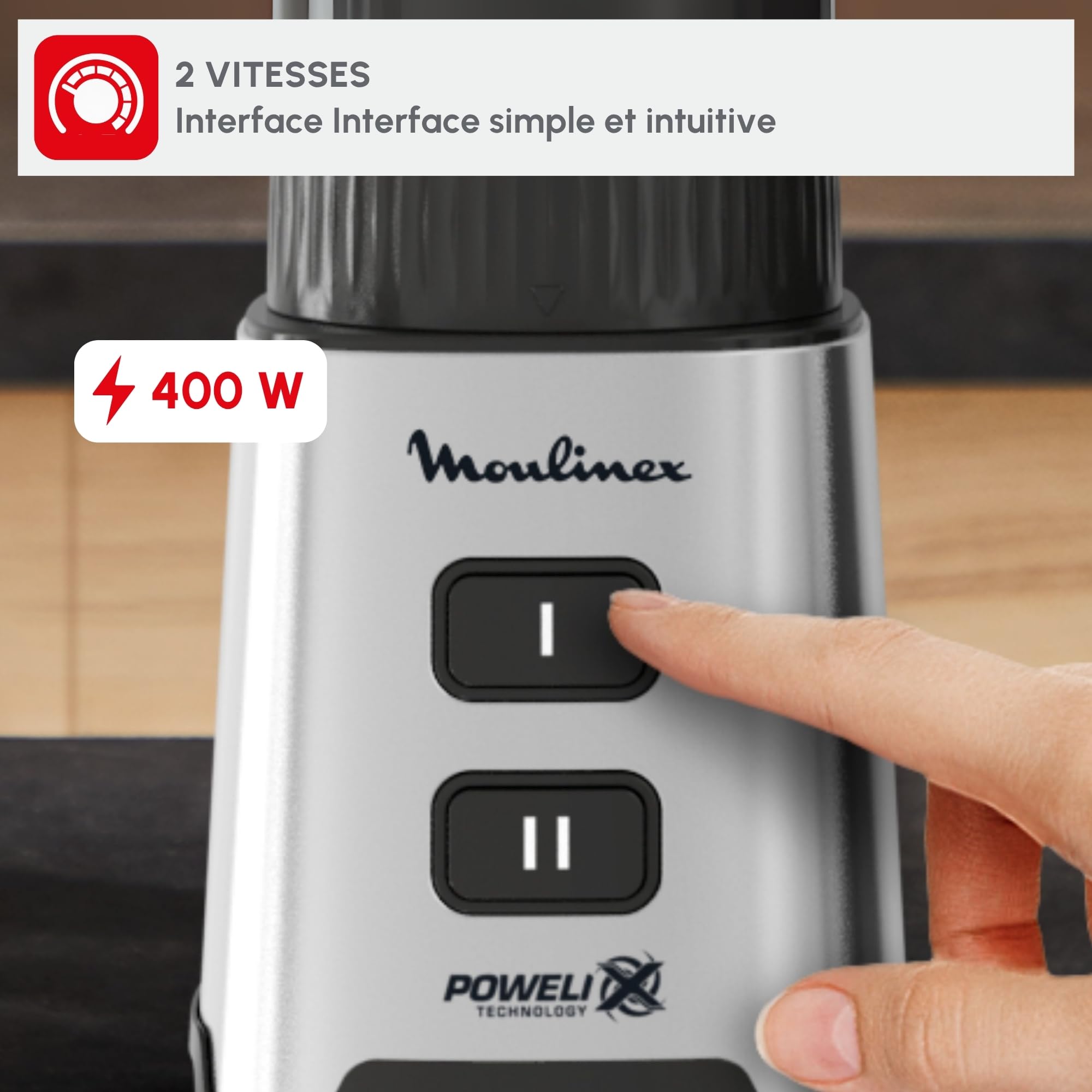 Moulinex Blender, Mini mixeur compact, 400 W, Technologie Powelix, Lames amovibles, 2 vitesses, Contrôle de la texture, Verseuse en verre, Bouteille à emporter en Tritan, Pulseo, Métal LM17GD10