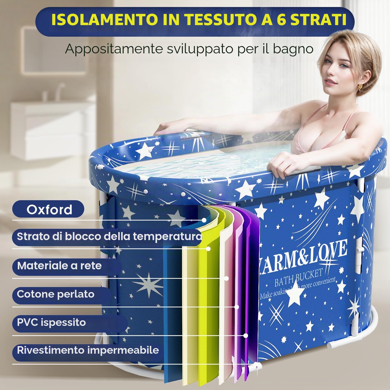 Vasca da bagno pieghevole portatile per adulti, vasca da bagno per la doccia,Nessun assemblaggio necessario (blu, ovale-94L x 55W x 56H cm)