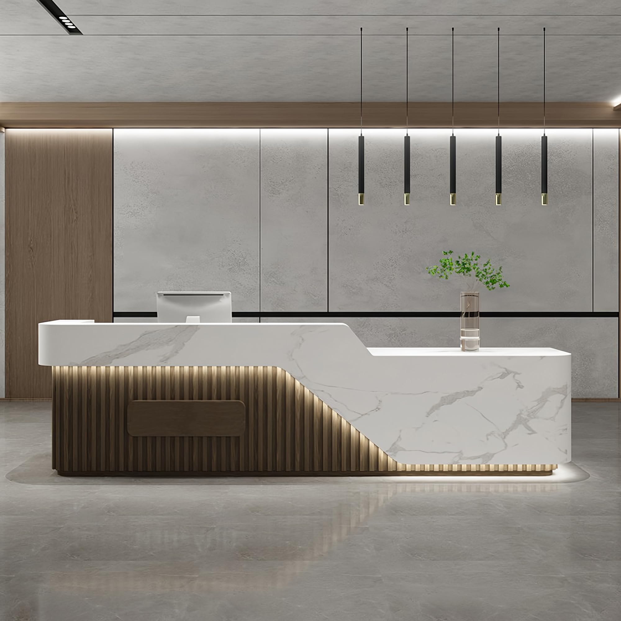 Contatore personalizzabile con design a righe largo 162,6 cm, perfetto per uffici, negozi di abbigliamento e saloni pronto per la spedizione in una confezione.