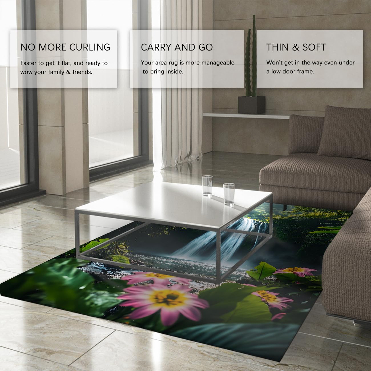 Wasserfallteppiche für das Schlafzimmer Teppich blühende Blumen Teppiche im Bereich Tropical Jungle Natural Landscape Teppich für das Wohnzimmer Dünne waschbare Fußmatten 160x230cm