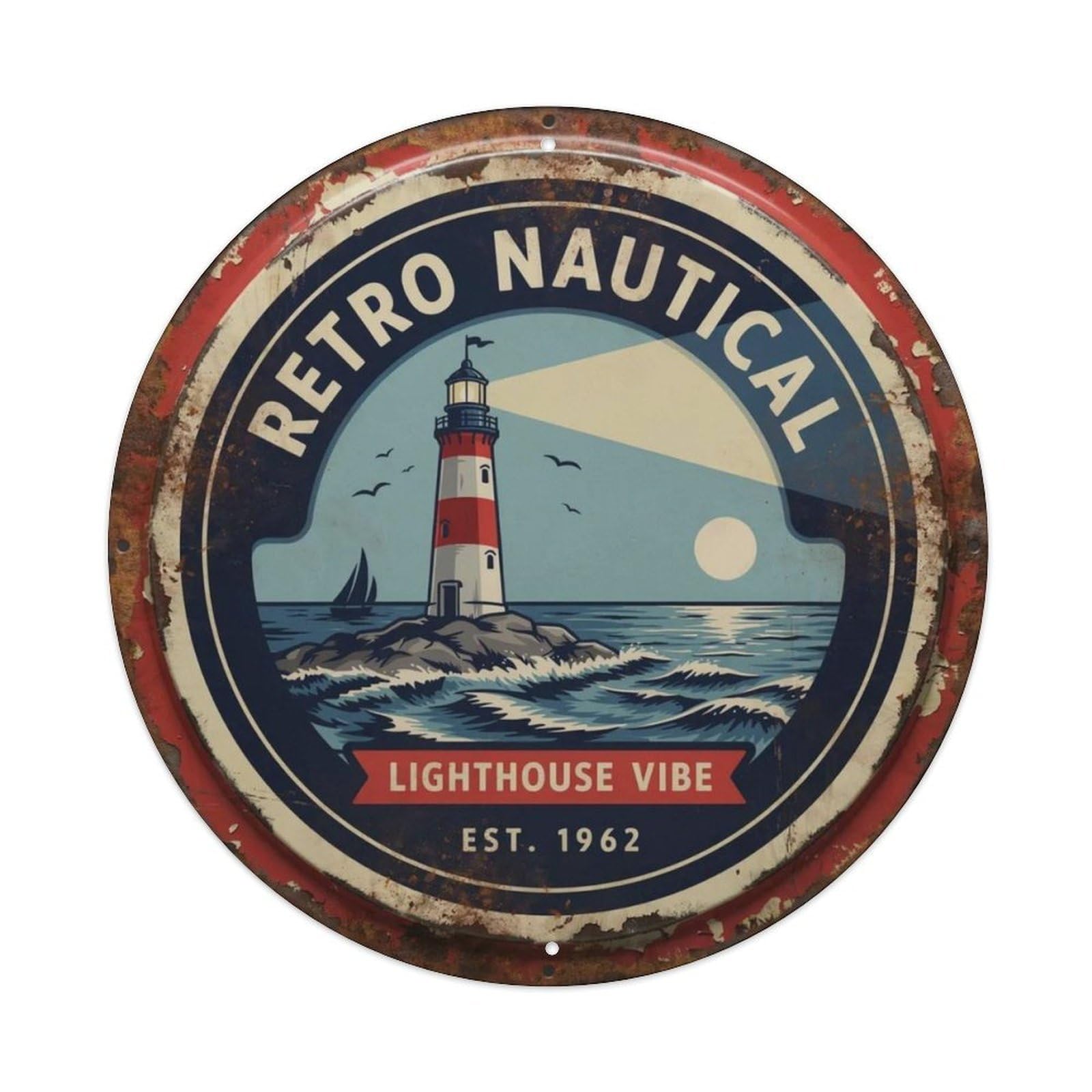 Retro Nautical Lighthouse Vibe. Metal Tin Sign Plaque