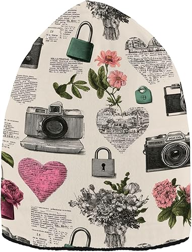 Heart Locks Flowers Camera Retro Beanie Mens Slouchy Beanie for Women Warm for Skating Fall Decor Halloween Decor