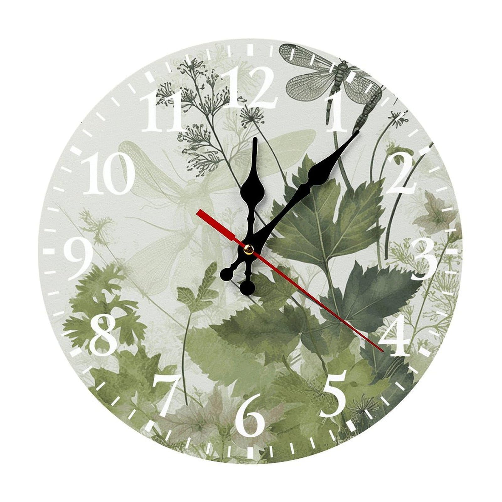 NTVOWPZO 10 Inch Wall Clock Foliage and Herbs with Dragonflies Winged Battery Operated Wall Clocks Silent Non-Ticking Round Wall Clock for Living Room Kitchen Home Office Wall Decorative Clock