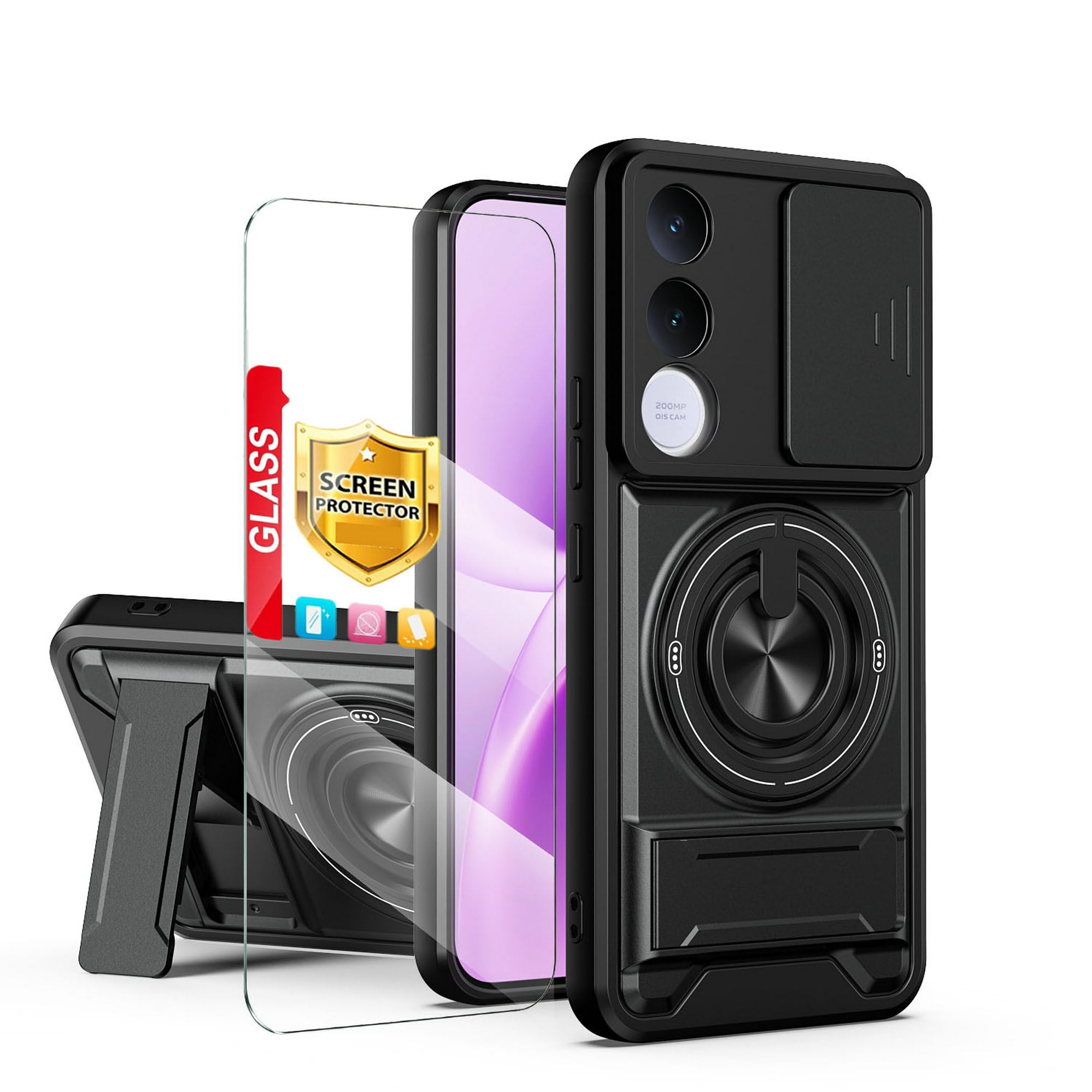 Custodia compatibile con vivo V70 FE [con 1 pellicola proteggi schermo] [custodia per fotocamera scorrevole 2 in 1, design con cavalletto magnetico] [custodia antiurto per telefono] nera