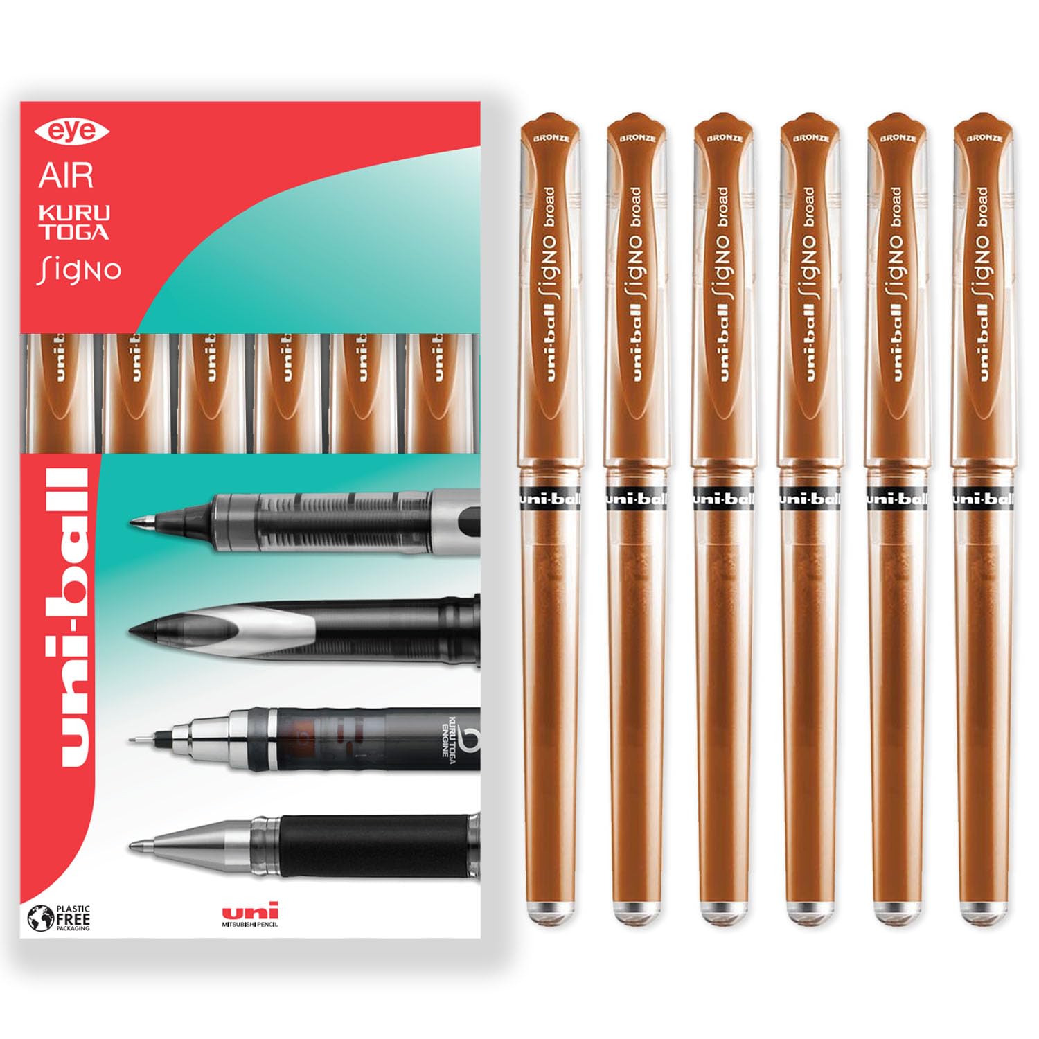 Signo Pen Broad Metallic Gel Ink Rollerball Stationery - Metal 1mm Tip Nib 0.65mm Line Width With Rubber Grip - UM-153 - Metallic Bronze - Pack of 6